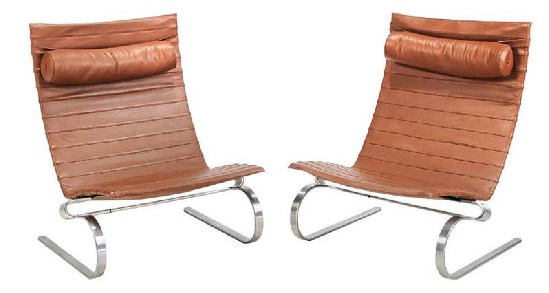 Pair of Paul Kjaerholm Easy Chairs PK 20: 20th century, each with chocolate brown leather upholstery, brushed steel sprung frame, metal tags for “Fritz Hansen, Denmark, 1986”, 36 x 32 x 28 in. Note: The cons