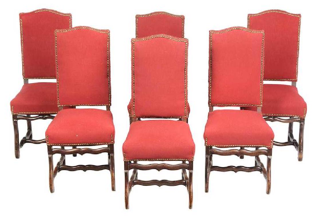Set of Six Queen Anne Style Dining Chairs: British, early 20th century, each with arched beechwood frame set with red upholstery with faux brass tacking, stretcher bases, 42 in. high
