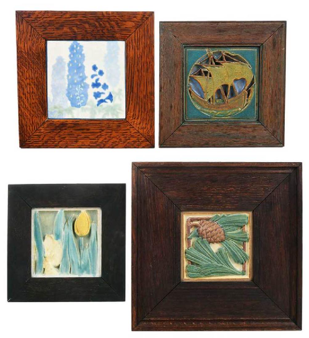 Four Arts and Crafts Tiles/Rookwood & Marblehead: American, 20th century, pine cone, Rookwood mark, 6 x 6 in.; framed, 13-3/4 x 13-3/4 in.; tulips, signed "Rookwood/Faience 1846Y", 6 x 6 in.; framed, 9-1/2 x 9-1/2 in.; ship with full sails, 6 x 6 in.