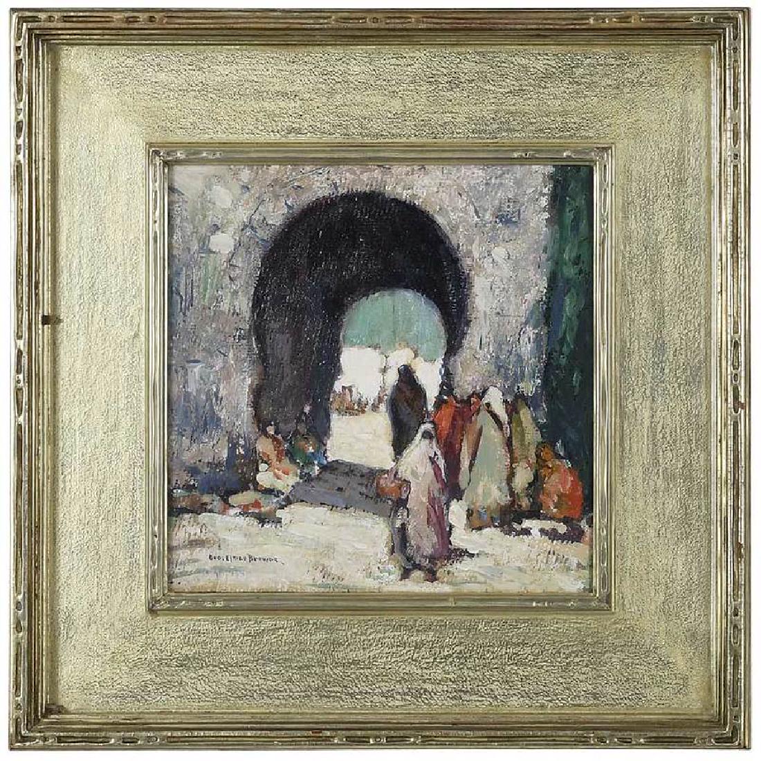 George Elmer Browne: (Massachusetts/Connecticut, 1871-1946) City Gate, Tunis, signed lower left "Geo. Elmer Browne", oil on board, 10 x 10 in.; period gilt wood frame (bears label backing verso, Lowenbein Frames, New York