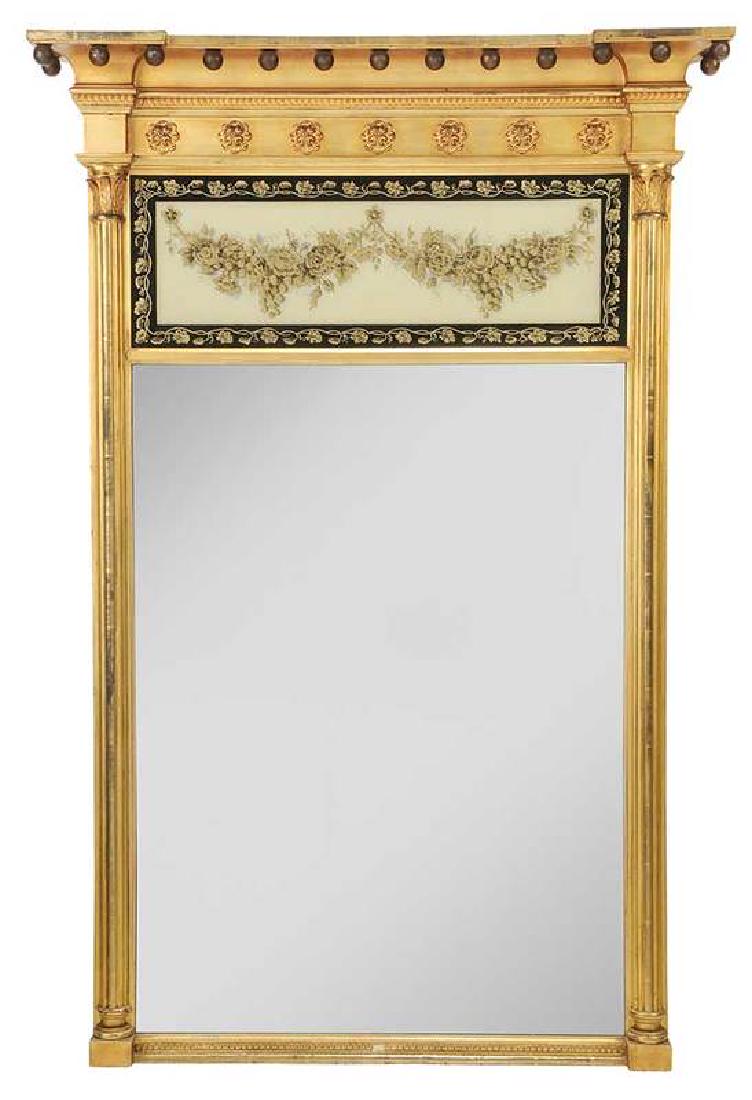 An Antique Federal Style Eglomise Mirror: American, 19th century, with fine grape and floral eglomise plate with gilt wood and composition surround, poplar back boards, 56-1/4 x 37-1/4 in.