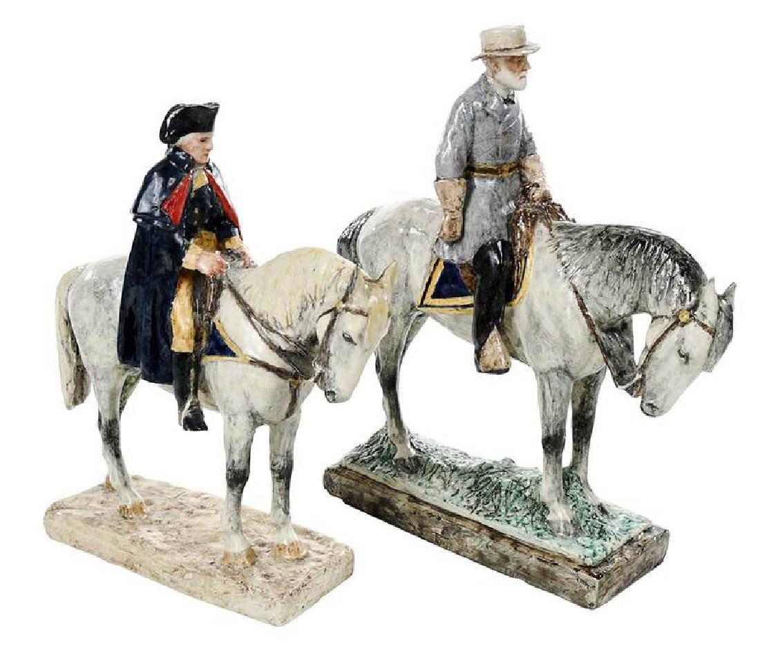 Kathleen Wheeler Crump: (American/British, 1884-1977), glazed ceramic equestrian figure of Robert E. Lee, 12 x 11 in.; equestrian figure of George Washington, 10-1/2 x 9-1/2 in., both signed on base, "Kathleen Wheeler"