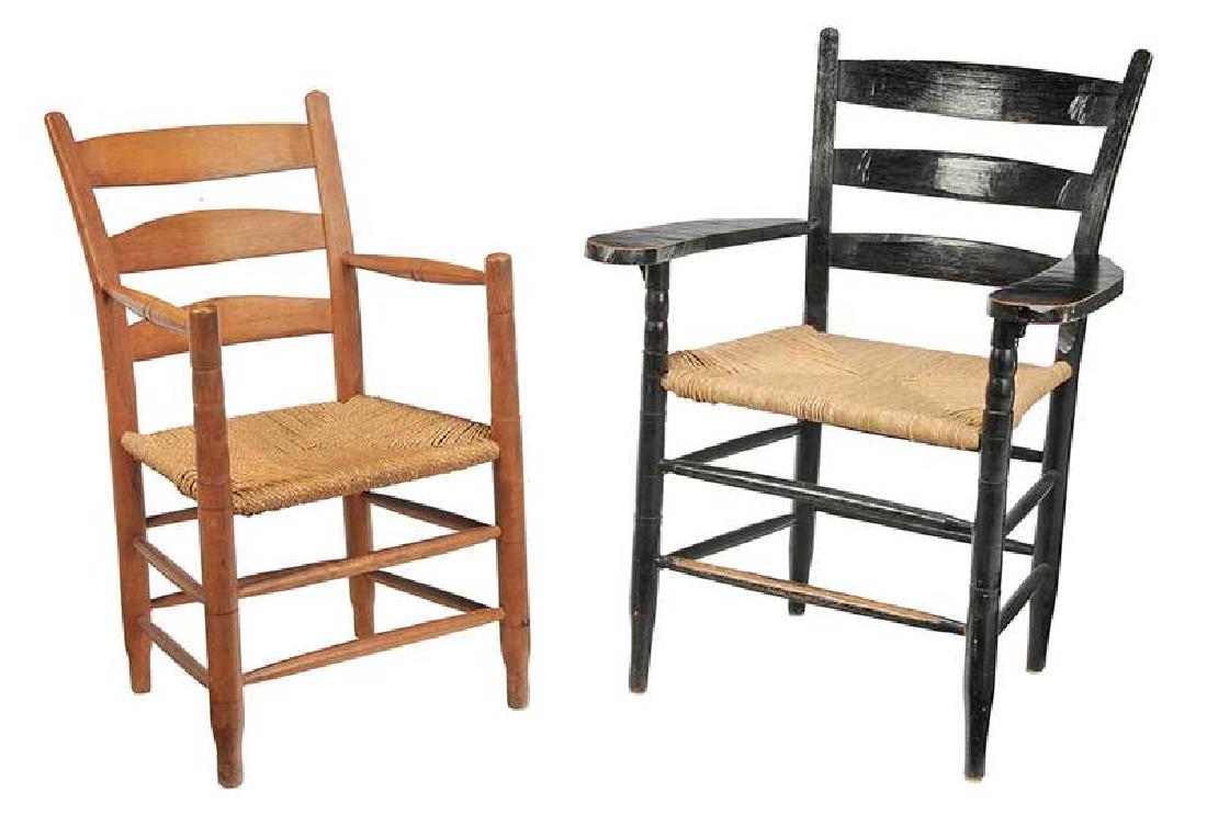 Black Painted & Hickory Mace Chairs: Shadrack Mace (1898-1973), Western North Carolina, black painted over-sized arm chair, hand planed arms, corn shuck seat, second of hickory and maple, woven fiber seat, 36; 33 in. Black painted chair