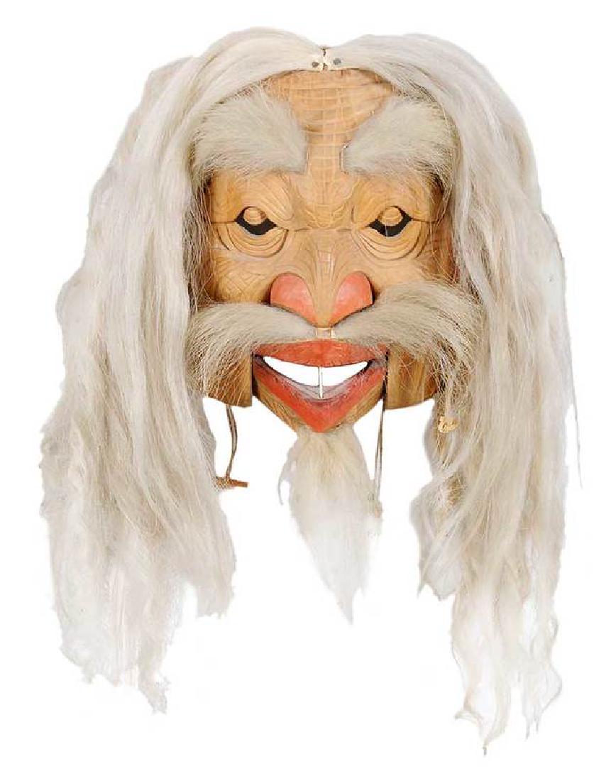 Duane Pasco: (Washington/Alaska, born 1932) Old Man Mask, signed "D. Pasco" right edge, carved and polychromed alder, horsehair, hide, hinged operable mouth and eyes, 10-1/2 x 8-1/2 in.