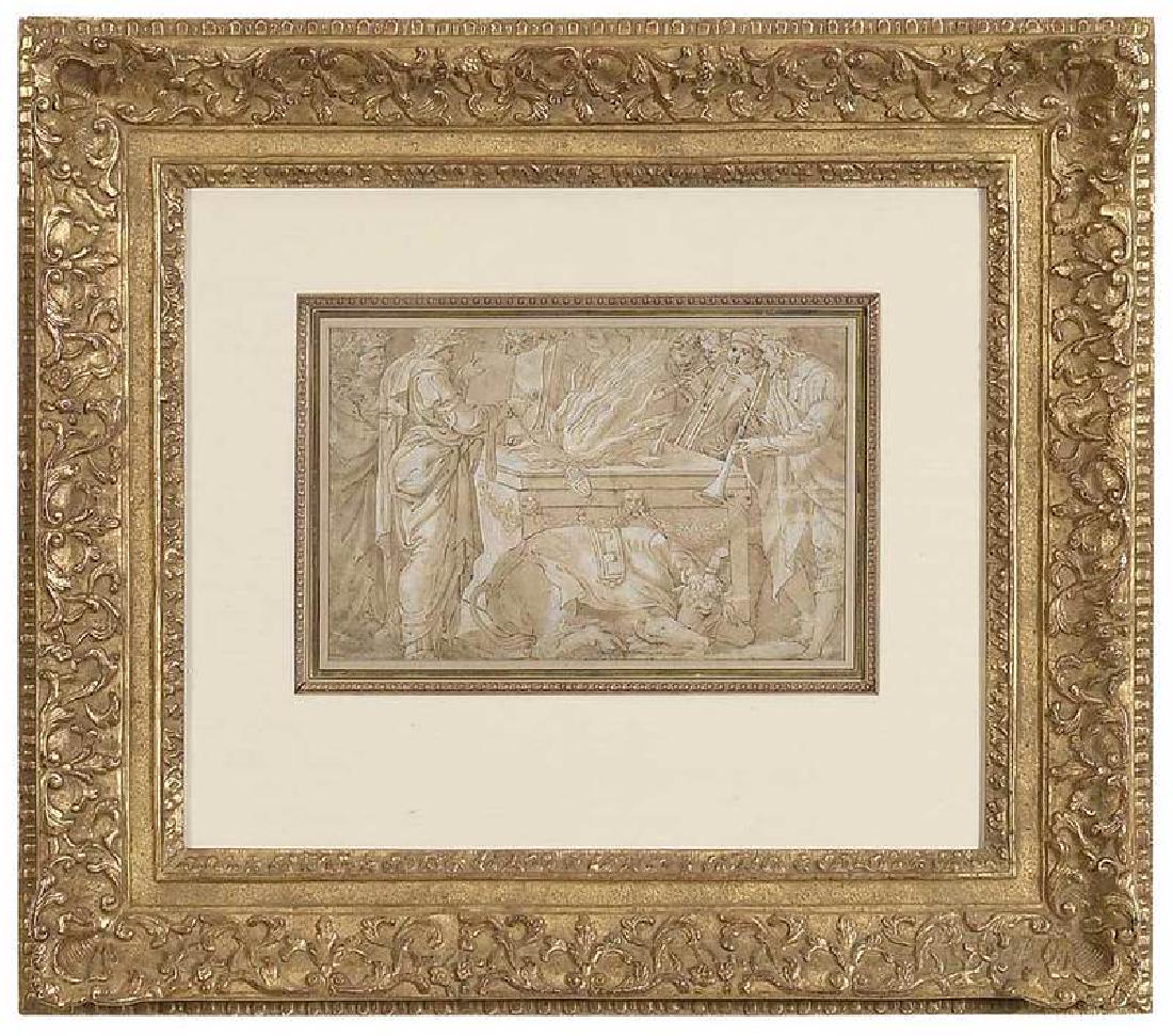 Italian School: (possibly Florence, 17th century) Offering at an Altar with High Priest and Musicians, unsigned, inscription verso mount "VG 101", ink and ink wash with body color heightening on laid paper, 7-5/8 x 1