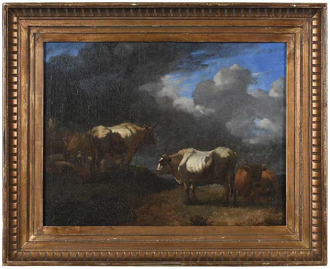 Follower of Paulus Potter: (Dutch, 1625–1654) Cows, Goats and Sheep in a Field, unsigned, 17th century, inscribed verso "No 29", oil on twill canvas, 12-5/8 x 16-1/4 in.; modern gilt wood frame, 17 x 20-1/2 in. Note: Form
