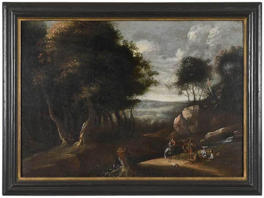 Dutch School: (17th century) Party Resting in a Wood with Waterfall, unsigned, oil on oak panel, 23 x 32 in,; modern black-painted frame, 27-3/4 x 37-1/8 in.