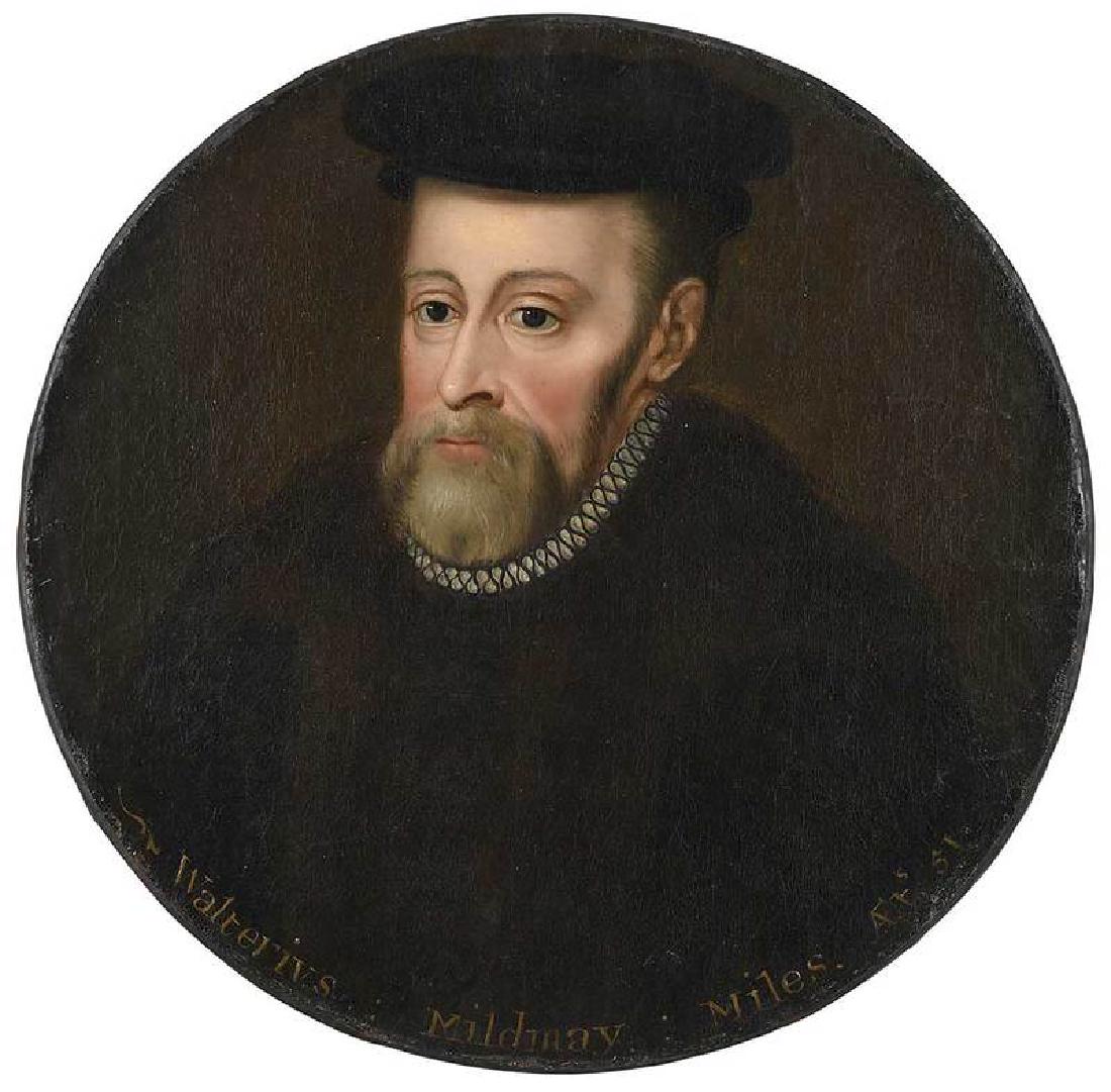 Scottish or British School: (possibly 17th century) Portrait of Sir Walter Mildmay age 51, (1520-1589), inscribed at bottom "Walterius : Mildmay : Miles. AEts.51.", oil on canvas, 20-3/4 x 21-1/8 in.; unframed
