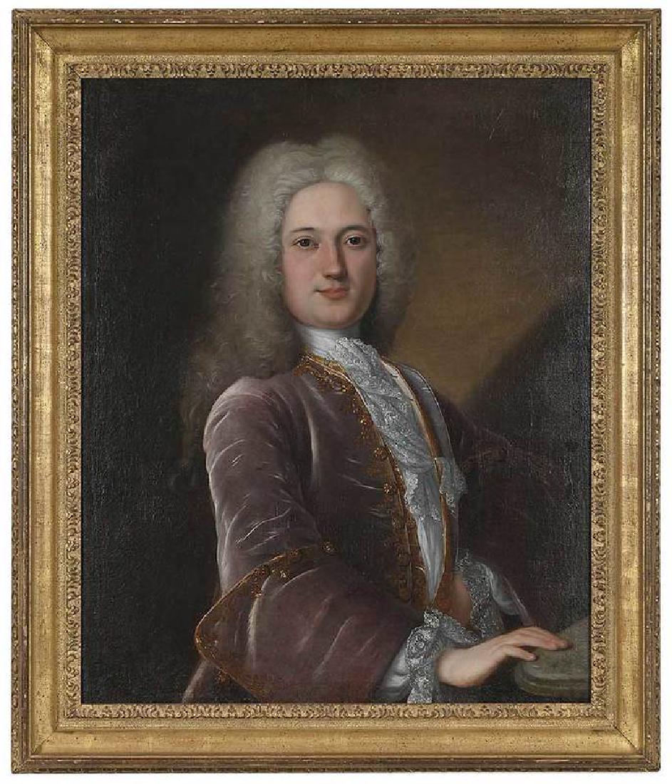 British School: (18th century) Portrait of a Gentleman in Embroidered Lavender Velvet Coat, circa 1725, unsigned, oil on canvas, 32 x 25-5/8 in.; gilt wood and composition frame, 37-1/2 x 32 in.
