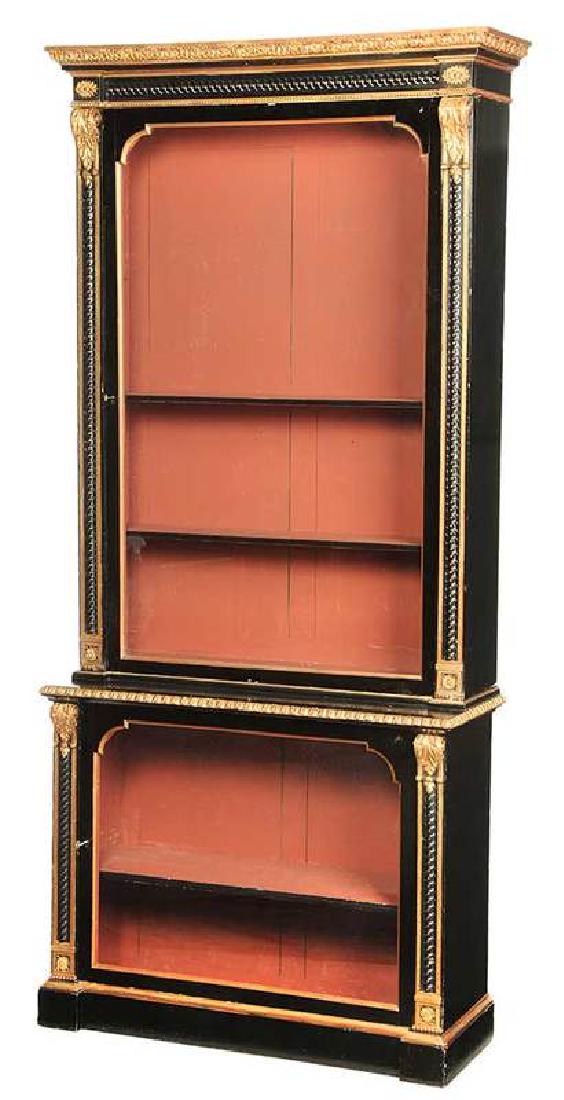 Louis Philippe Carved, Gilt and Ebonized Cabinet: 19th century, two case construction, adjustable shelves, leaf and rosette ornaments, 102 x 47 x 18-1/2 in.
