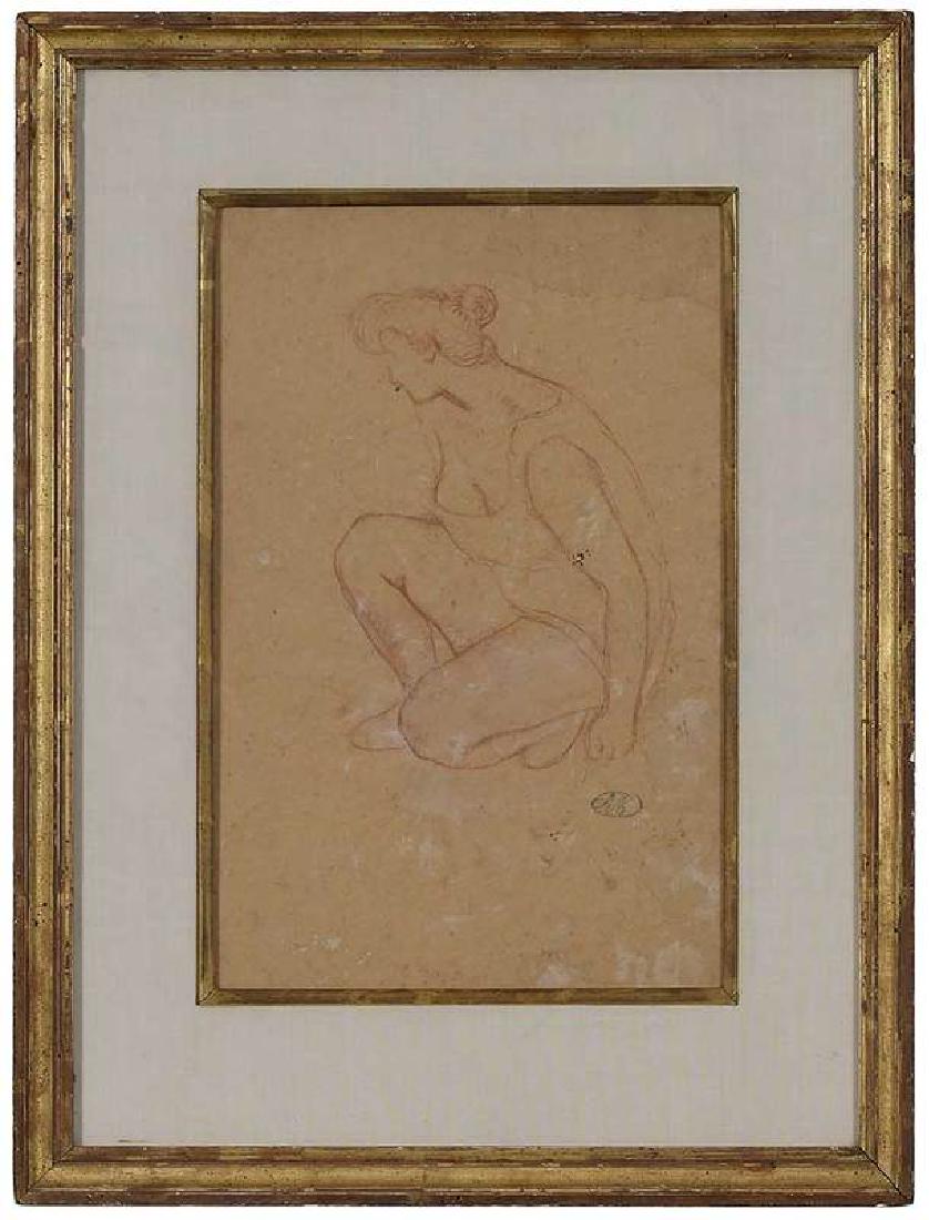 Aristide Maillol: (French, 1861–1944) Kneeling Woman, signed lower right in black crayon with monogram "M", red crayon on buff paper, 13 x 8-1/2 in.; gilt wood frame, 19-1/2 14-7/8 in.