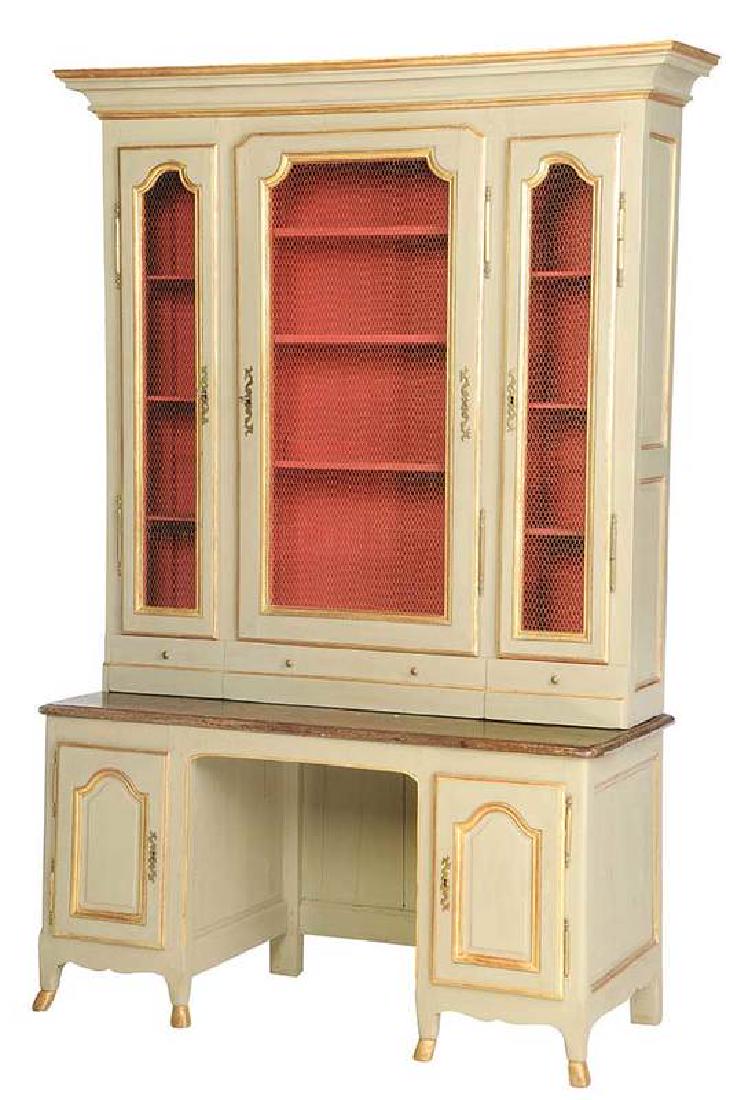 Provincial Louis XV Grille Door Cabinet: 18th century, paneled sides and back, hoof feet, walnut and other mixed woods, pinned construction, Paris label verso, red painted interior, 92 x 58 x 24 in. 