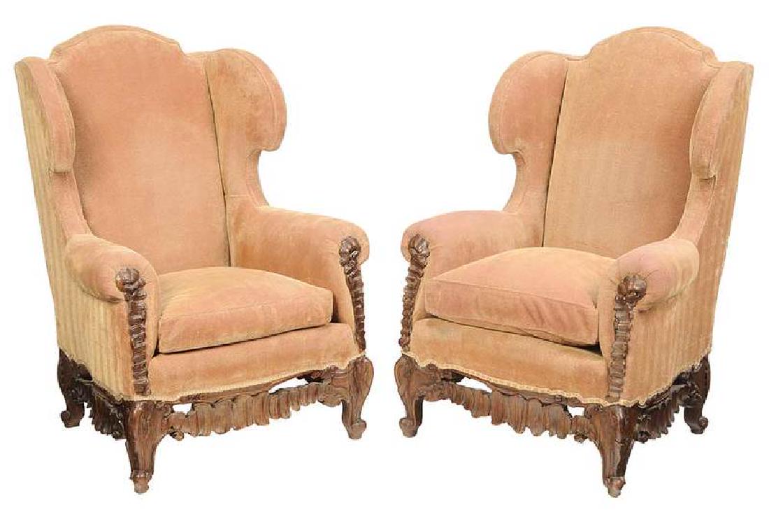 Pair of Rustic Italian Rococo Style Arm Chairs: Continental, late 19th/early 20th century, elaborate grotto style frames, set with modern Brunschweig upholstering, 46 x 32 x 27 in.