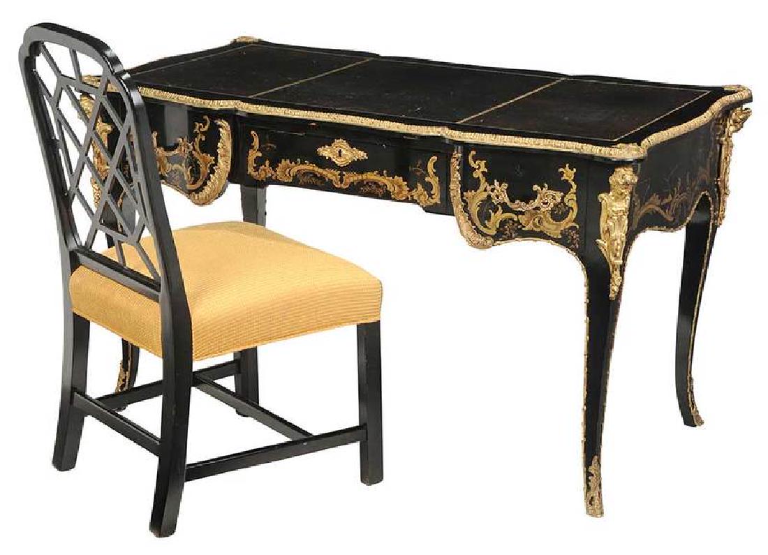 Louis XV Style Bronze Mounted Bureau Plat: French, 20th century, ebonized form with gilt highlights, bronze mounts, leather lined writing surface 30 x 51 x 27 in.; modern Chippendale style ebonized side chair, 38 in.