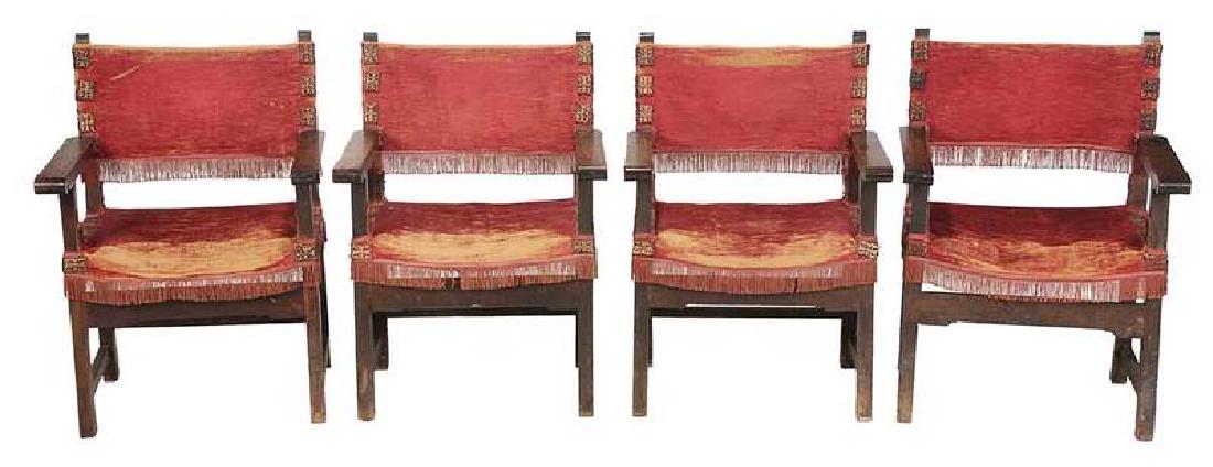 Set of Four Baroque Walnut Open Arm Chairs: Spanish or Italian, 18th century, silk velvet upholstery with brass mounts, early (possibly original) leather back, 40 1/2 x 28 1/2 x 23 in.