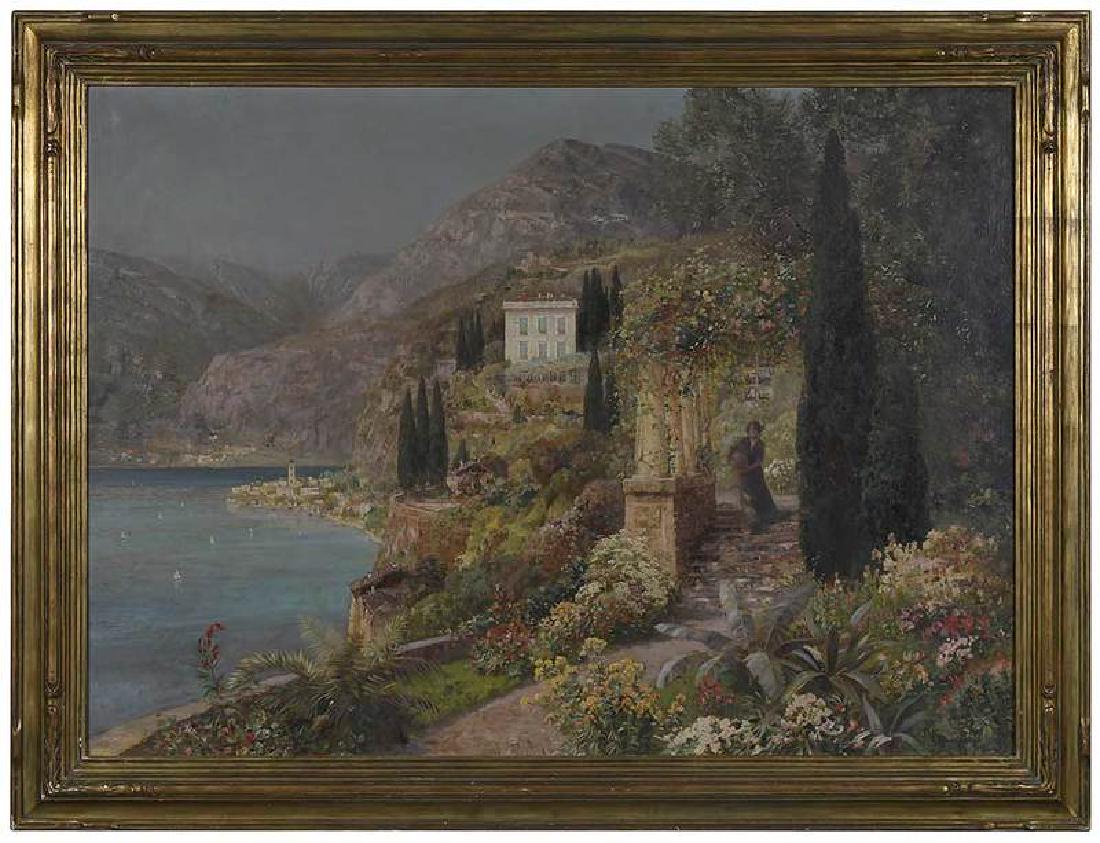 Alois Arnegger: (Austrian, 1879–1967) View of Capri, signed lower right "A. Arnegger", oil on canvas, 35 x 48 in.; original carved and gilt wood Arts and Crafts frame, 42 x 55 in.