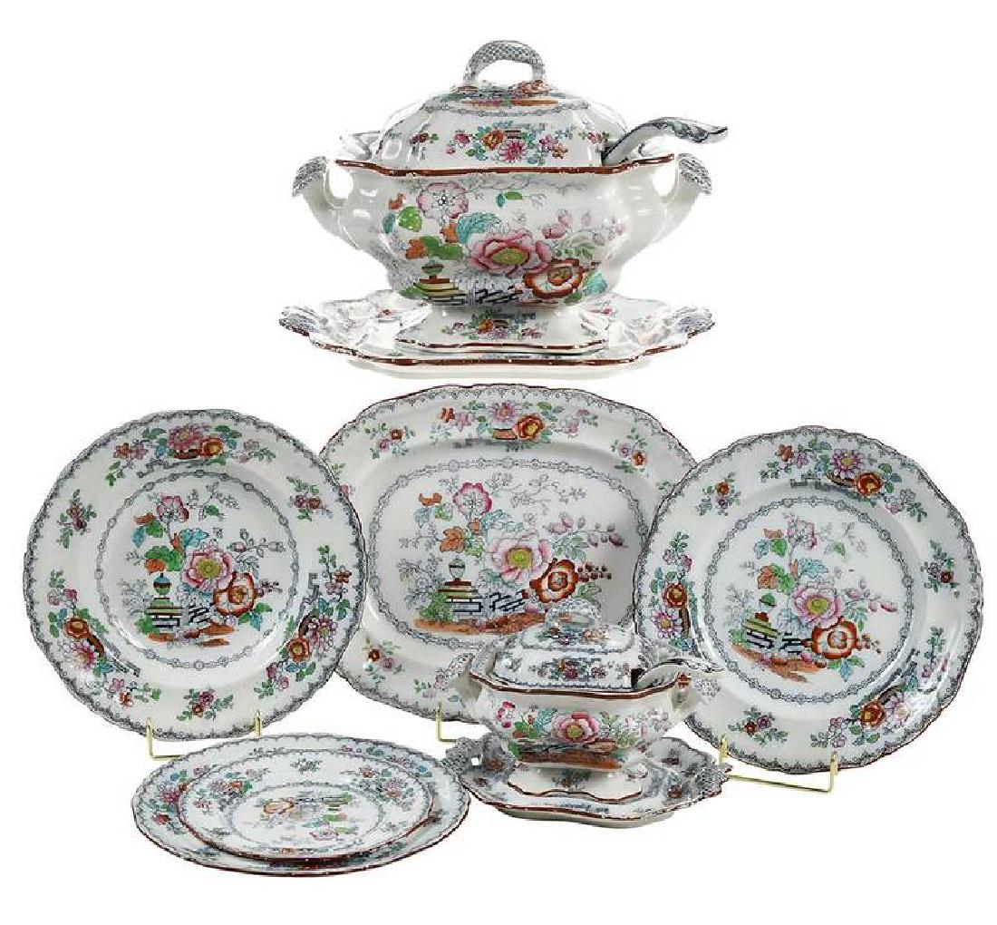Set of Mason's Ashworth Ironstone: British, 19th century, 23 plates, 10-1/4 in.; 12 soup bowls, 10 in.; four graduated platters, 10 in. to 18 in.; 11 7-1/2 in. plates; three tureens with underplates and ladles, 8-1/2 in. to 14 in. leng