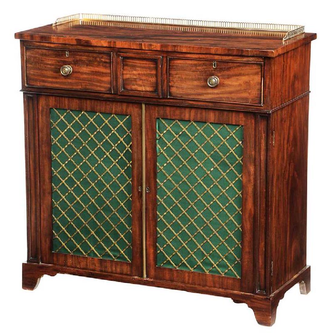 Regency Mahogany Grille-door Cabinet: British 19th century, fitted butler’s desk drawer over two brass grille doors, adjustable shelved interior, 35-1/4 in. x 36 in. x 16 in.