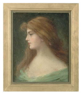 Painting signed "S Engles",: profile portrait of woman with red hair, signed lower left "S Engles", early 20th century oil on canvas, crackle, grime, original stretcher and tacking edge, 1/2" tear at center with retouch, small