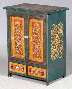 Painted Chinese cabinet,: top and sides with floral decoration on blue ground, two frame-and-panel chamfered doors above two nailed drawers, hand planed, chips, separations and wear, losses to painted surface, some filled