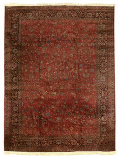 Room-size Indo-Persian rug,: Sarouk design with repeating floral designs on salmon field, loss with later fringe and rebinding at each end, minor selvedge breaks, generally even medium pile, no threadbare areas found, 8'11" x