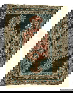 Mosoul rug,: pale salmon medallion on dark blue/black field, pale brown and blue borders, areas of wear, pile varies from none to low, end loss, scattered light pest damage, selvedge wear and breaks, 3'4" x 4'8"