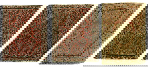 Two Sarouk mats, one Kerman mat: floral designs on pale salmon field, generally even medium pile, end loss, one with 6" repaired tear, one with 3" repaired tear, selvedge wear, soiling, stiff, both 1'11" x 2'5"; with Kerman mat,