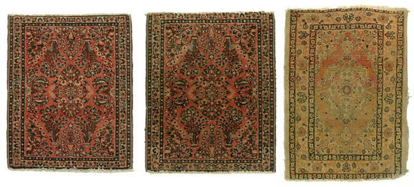 Two Sarouk mats, one Kerman mat: floral designs on pale salmon field, generally even medium pile, end loss, one with 6" repaired tear, one with 3" repaired tear, selvedge wear, soiling, stiff, both 1'11" x 2'5"; with Kerman mat,