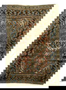 Hamadan rug,: serrated central medallion on brown field, pale salmon, dark blue and brown elements, areas of wear, pile varies from none to low, some corrosion of brown and green, some selvedge wear and breaks,