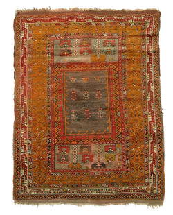 Turkish rug,: three rectangular central panels with repeating geometric and floral devices, extensive wear, bleeding, pile varies from none to low, extensive corrosion of browns, selvedge wear and breaks, 3'9" x