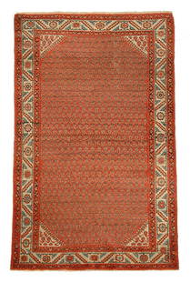 Saraband rug,: repeating designs on salmon field, pale blue and ivory geometric borders, corrosion of browns, pile ranges from none to medium, scattered moth damage, light end loss at one end, 4'2" x 6'8"