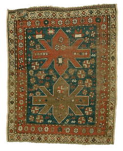 Kazak rug,: two star-like central medallions on dark blue field, holes, patches, end loss, reselvedged, extensive wear, pile varies from none to low, 2'11" x 3'10"