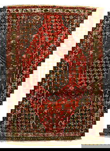 Lightning Mosoul,: serrated central medallion on red field, ivory and red borders, designs include birds and crabs, end loss at one end, adhesive on back, generally even low pile, selvedge breaks and losses, one side