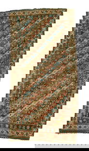 Caucasian rug,: central field with repeating diagonal bands, floral and geometric decoration, each end with loss 1/2" to 1", extensive wear in central section, pile varies from none to low, some soiling, probably