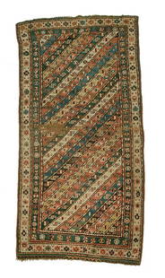 Caucasian rug,: central field with repeating diagonal bands, floral and geometric decoration, each end with loss 1/2" to 1", extensive wear in central section, pile varies from none to low, some soiling, probably