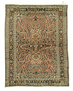 Lillihan rug,: repeating floral designs on pale salmon field, generally even medium pile, some fading, slight end loss, generally even medium pile, 4'11" x 6'6"