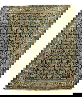 Persian rug,: repeating designs on black/blue field, extensive end loss, fading, selvedge wear and breaks, pile varies from none to low, 4'8" x 6'2"