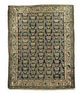 Persian rug,: repeating designs on black/blue field, extensive end loss, fading, selvedge wear and breaks, pile varies from none to low, 4'8" x 6'2"