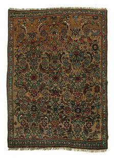 Finely woven Bijar rug,: repeating floral designs on light to dark brown field, areas of wear and damage, generally even medium pile, slight end loss each end, possibly reduced and reselvedged, 2'11" x 4'2"