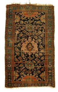 Hamadan rug,: asymmetrical central medallion on dark blue field, extensive end loss and wear, pile varies from none to low, 3'6" x 6'1"