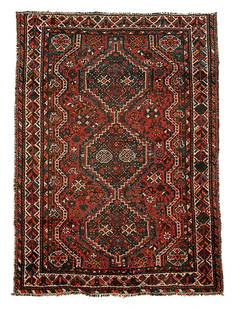 Handwoven rug,: three central medallions on red field, extensive wear, pile varies from none to medium, end loss with rebinding, bleeding, selvedge wear and breaks, 4'3" x 5'10"