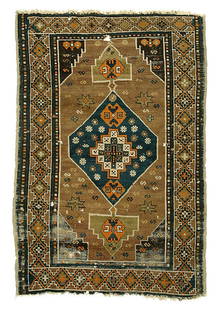 Caucasian rug,: blue, ivory and orange central medallion on brown field with hooks in design, extensive wear, pile varies from none to low, six holes, selvedge breaks, minor end loss, 3'3" x 6'