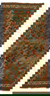 Caucasian runner,: large central blue field with repeating rows of snowflake-style motifs, pile varies from none to low, extensive wear patterns, end loss, reselvedged, crease wear, repairs, 3'10" x 8'2"