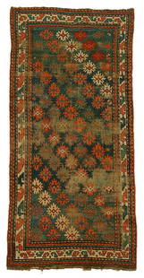 Caucasian runner,: large central blue field with repeating rows of snowflake-style motifs, pile varies from none to low, extensive wear patterns, end loss, reselvedged, crease wear, repairs, 3'10" x 8'2"