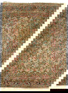 Persian rug,: Kerman-style with large overall floral designs, large animal stain, pile varies from none to low, selvedge curling, end loss, 8'8" x 12'2"
