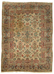 Persian rug,: Kerman-style with large overall floral designs, large animal stain, pile varies from none to low, selvedge curling, end loss, 8'8" x 12'2"