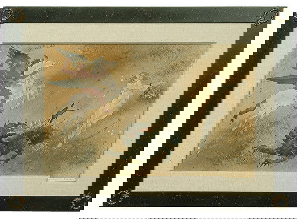 Edward Laning painting,: (New York, 1906-1981), dragon between Persius on Pegasus on left and Andromeda on right, possibly a sketch for mural, signed lower right "Edward Laning", watercolor gouache and sand on illustration bo