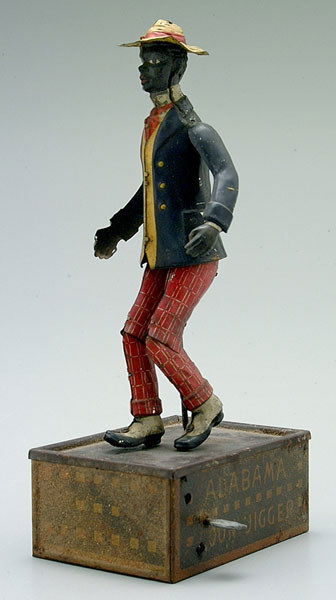 "Alabama Coon Jigger" dancing figure,: Tombo by Strauss, Patent Date 1910, working order, scattered light rust, some grime and discoloration, several dents including on hat, 10-1/4"