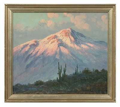 B. Ramos Catalan painting,: (Chilean, born 1890), snowcapped mountain in desert landscape, signed lower right "Ramos Catalan", oil on artist board, indentations upper left and middle right, abrasion middle right, artist's stamp