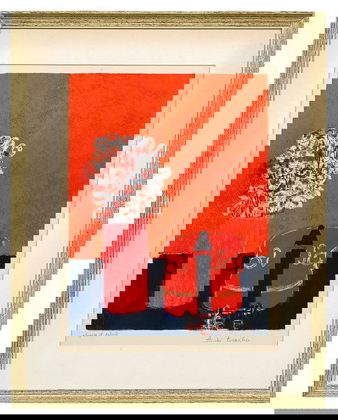 Andre Brasilier color lithograph,: (French, born 1929), still life with vase of flowers and violin, signed lower right in pencil "Andre Brasilier" and "Epreuve D'Artiste" (artist proof), laid down on card with adhesive paper, margins t